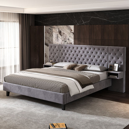 King Size Platform Bed with Headboard, Modern Velvet Upholstered Platform Bed with 2 Nightstands, with diamond tufted, Grey