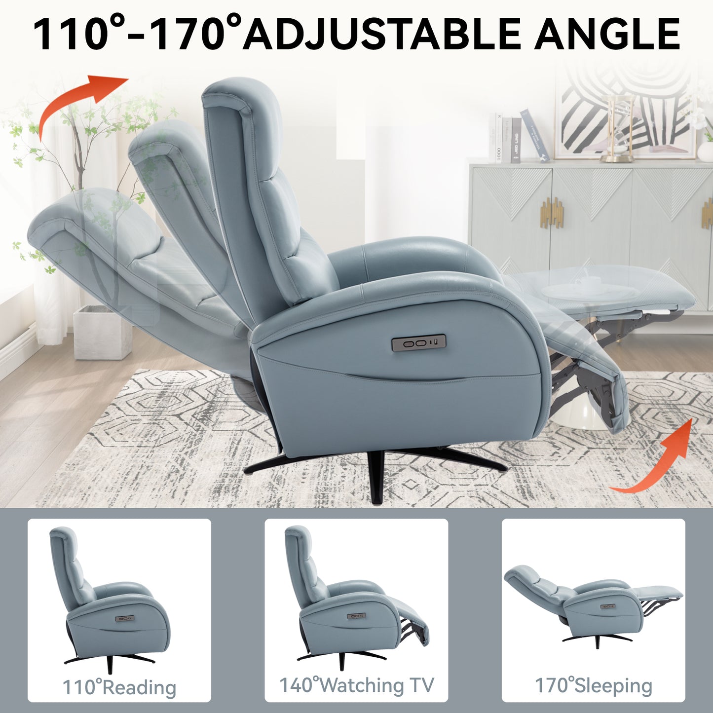 Blue Leatheraire Dual Motor 270° Swivel Power Recliner Chair With Heavy Duty Motion Mechanism, USB and Type-C Charging Ports.