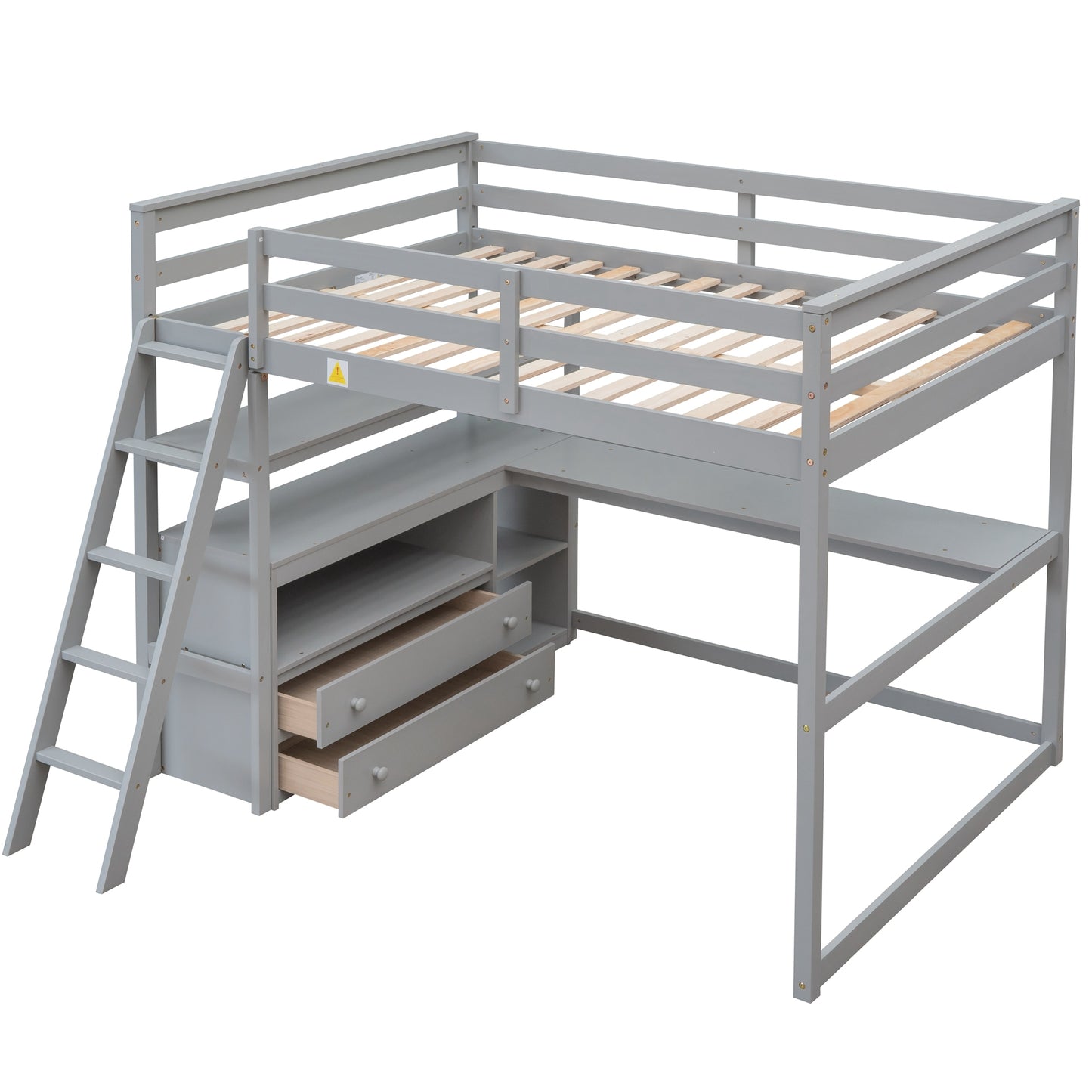 Modern Full Size Loft Bed with Desk, Shelves and Two Drawers in Gray, Solid Pine Wood Frame