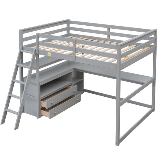 Modern Full Size Loft Bed with Desk, Shelves and Two Drawers in Gray, Solid Pine Wood Frame