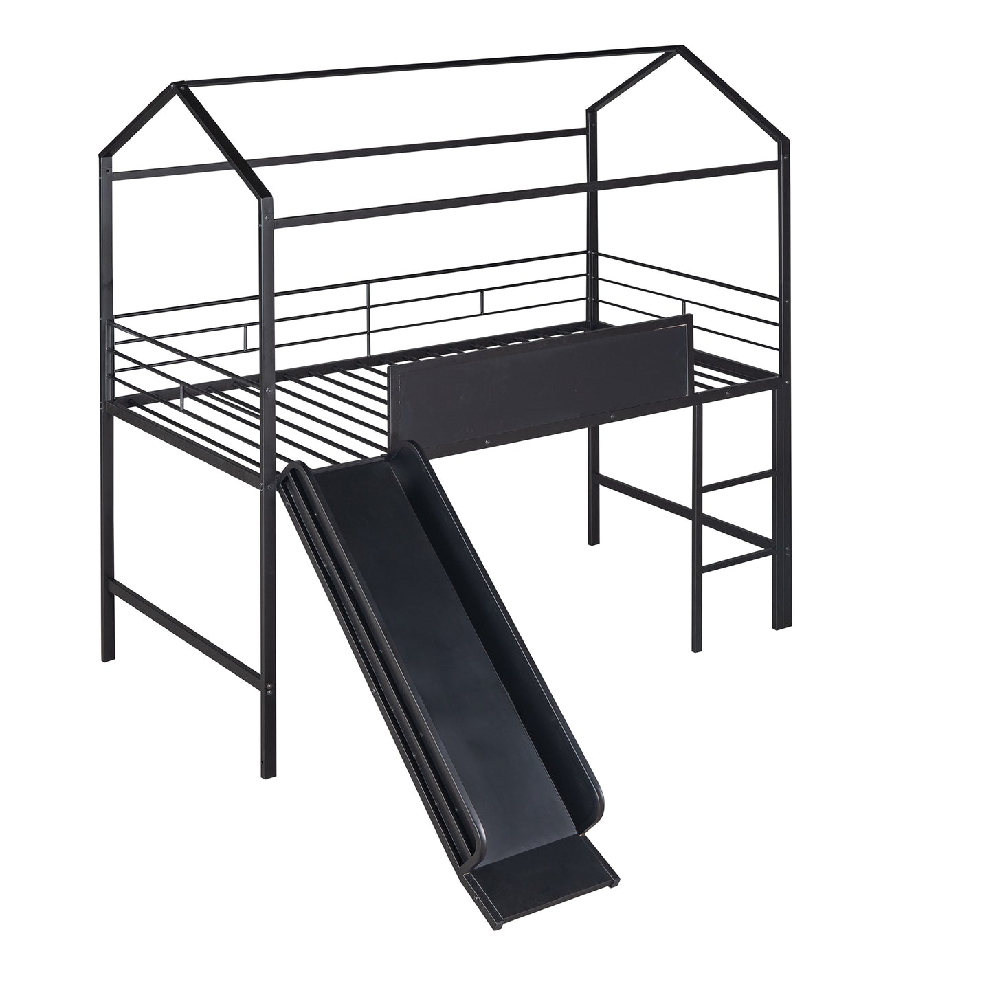 Metal House Bed With Slide, Twin Size Metal Loft Bed with Two-sided writable Wooden Board (Black )