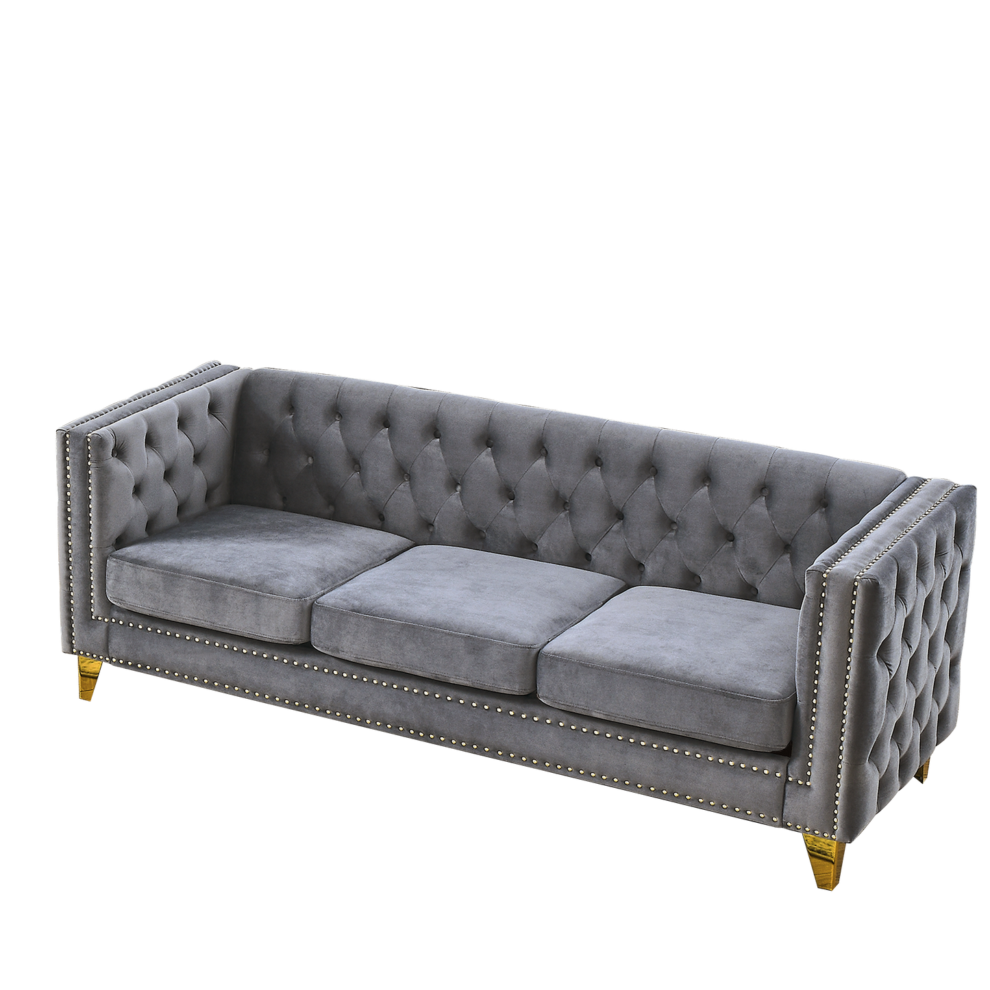 Velvet Sofa for Living Room,Buttons Tufted Square Arm Couch, Modern Couch Upholstered Button and Metal Legs, Sofa Couch for Bedroom, Grey Velvet .2PCS