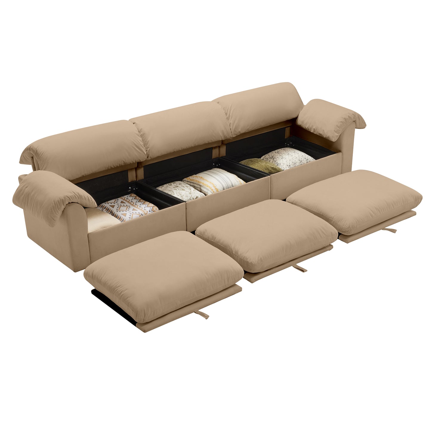 Extra Large 3 - Seat Modern Velvet Sofa With Storage Function Under Each Seat, Oversize Sofa Clould Like Deep Seat Couch with Comfortable Seat and Back Support, 3 Seater Sofa with Fluffy Armrest Pillo