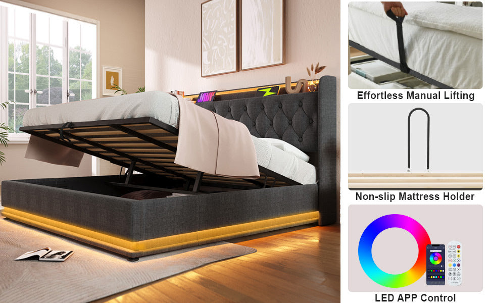 Full size Upholstered bed, 360 surround LED function, Buttons/Apps/Remote Control, hydraulic storage bed with USB Type-C charging, Gray,Linen (Without mattress)