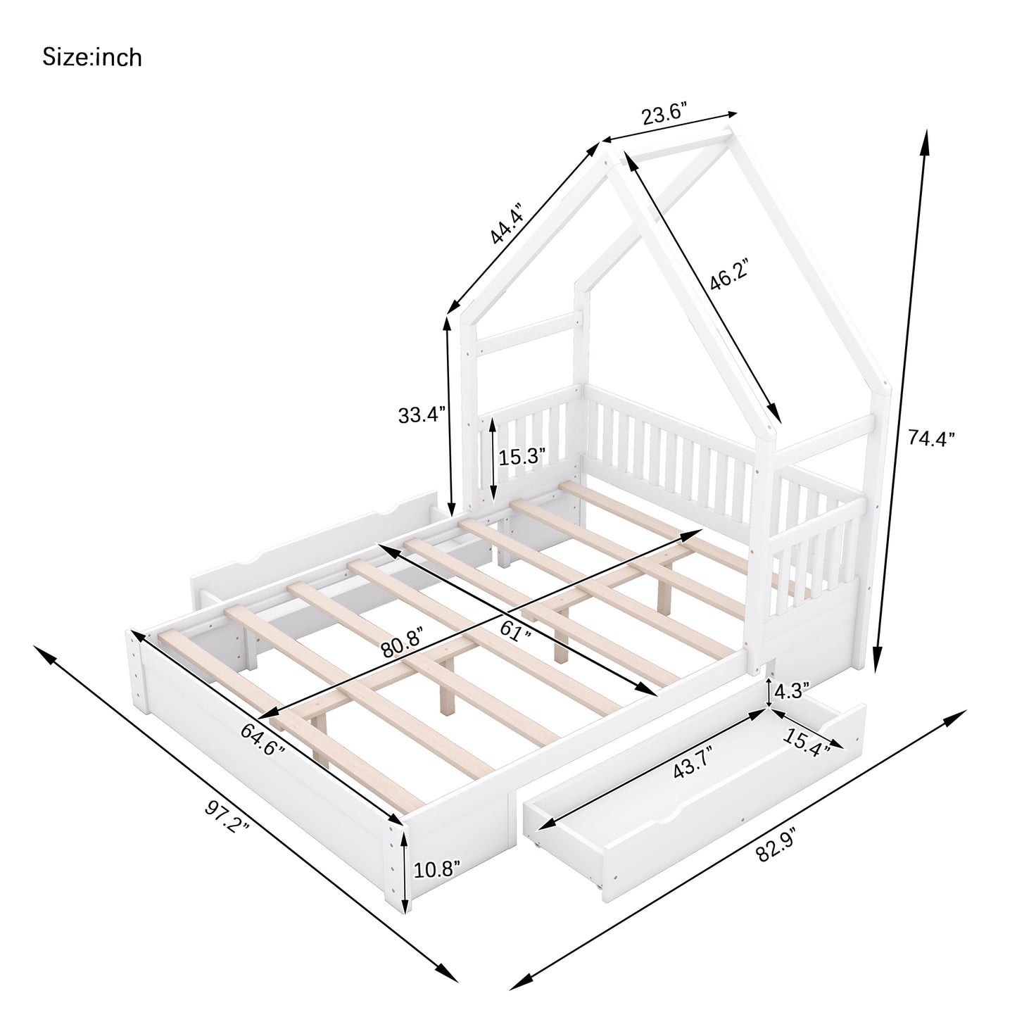 Wood Queen Size House Platform Bed with Guardrail and 2 Drawers, White