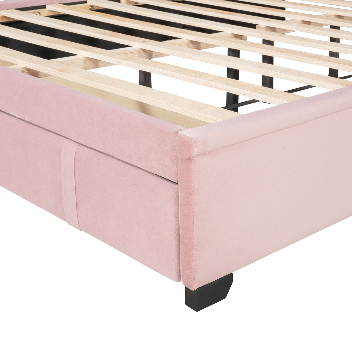 Queen Size Storage Bed Velvet Upholstered Platform Bed with Wingback Headboard and a Big Drawer (Pink)