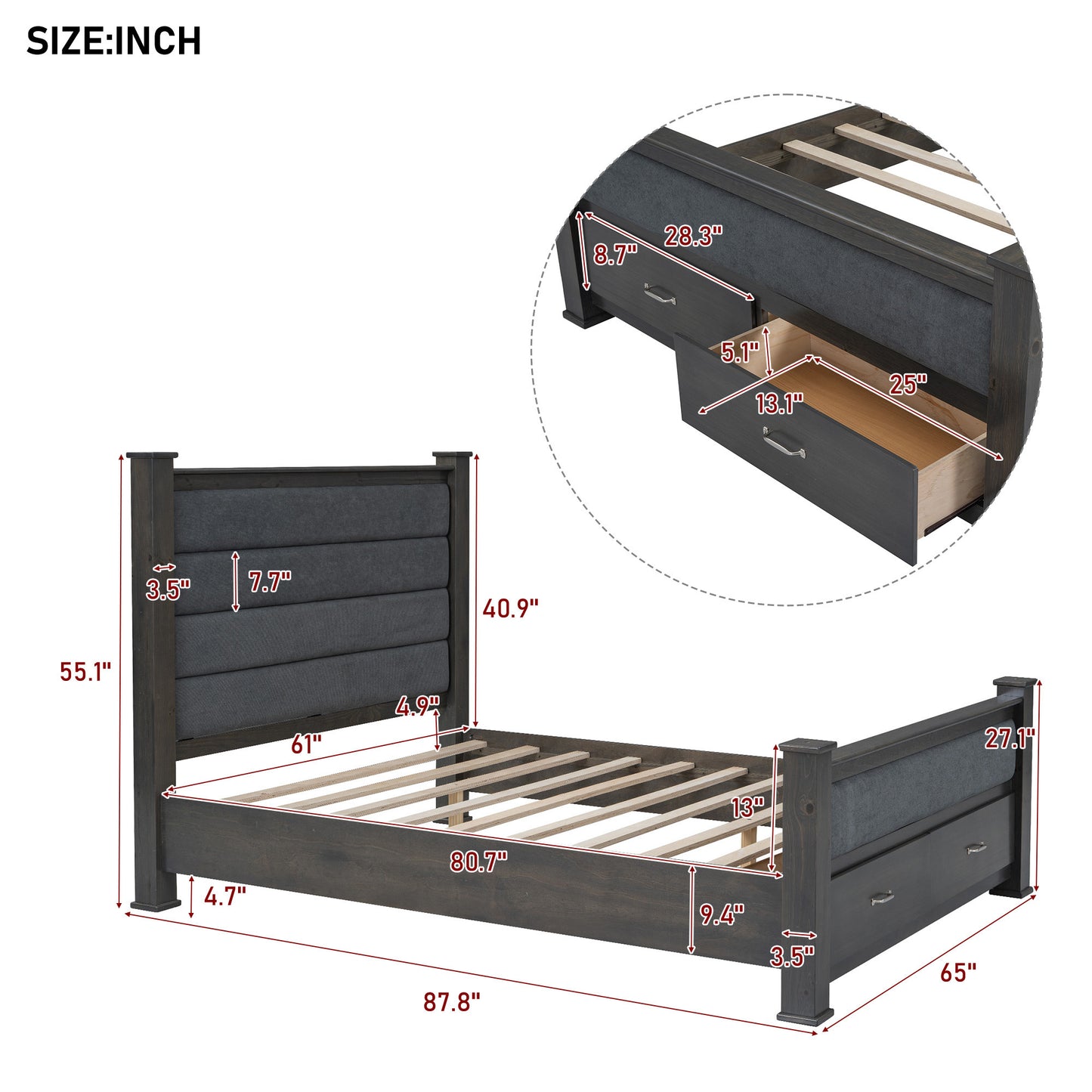 Queen Size Wood Frame Platform Bed with Upholstered Headboard, Footboard and 2 Drawers, Antique Gray