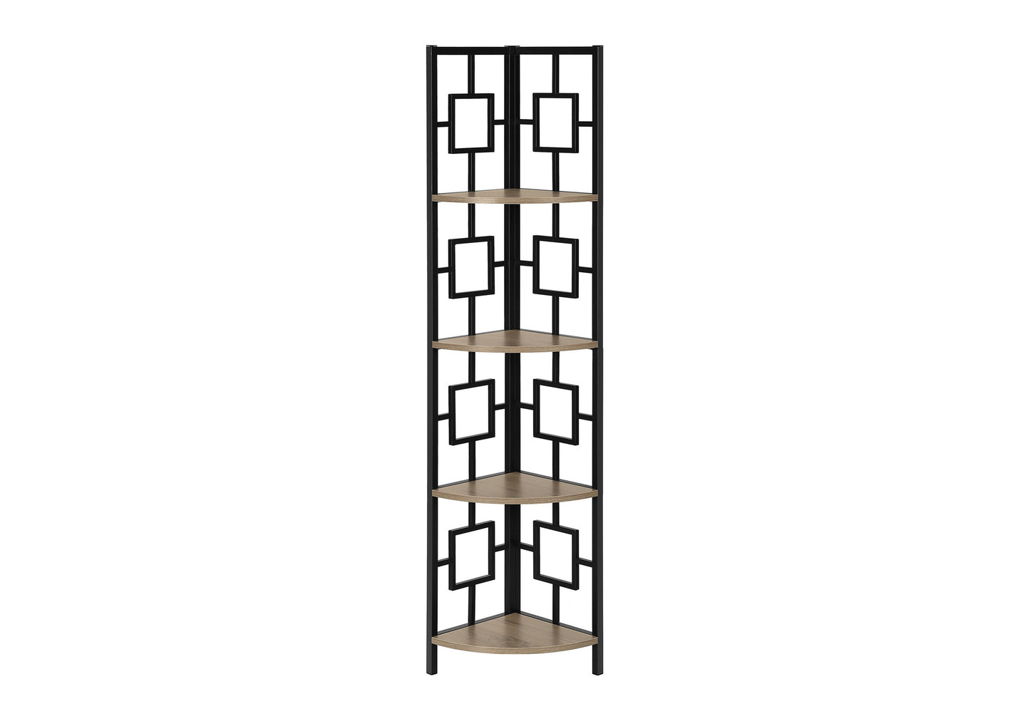 Bookshelf, Bookcase, Etagere, Corner, 4 Tier, 62"h, Office, Bedroom, Brown Laminate, Black Metal, Contemporary, Modern