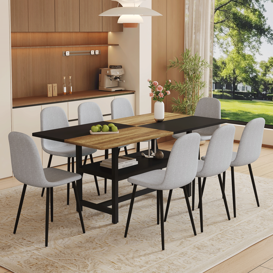 Table and chair set.71*35.4 inch Wooden And Black Spliced Dining Table With Storage Function In The Middle Of The Table Legs.Paired With 8 Light Gray Linen Fabric Chairs.