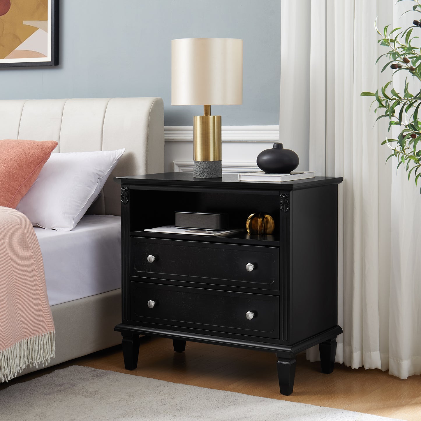 Open Space and 2 Drawers Dresser Nightstand with Charging Station, Farmhouse End Table with USB Ports and Outlets, Fluted Pilasters Design Side Table with Solid Wood Legs for Bedroom