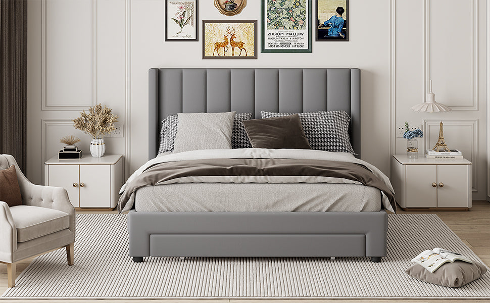 Queen Size Storage Bed Velvet Upholstered Platform Bed with a Big Drawer - Gray(old sku:WF296854AAE)