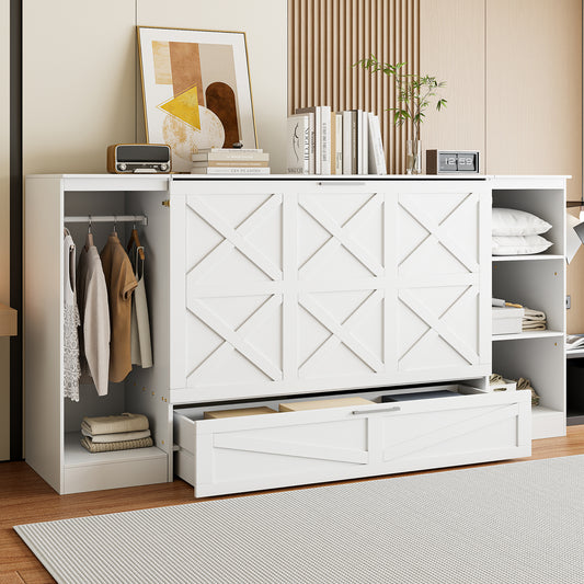 Twin Size Murphy Bed with Bedside Shelves and Wardrobe, White