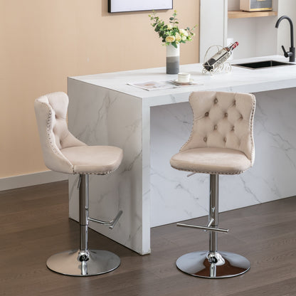 Swivel Velvet Barstools Adjusatble Seat Height from 25-33 Inch, Modern Upholstered Chrome base Bar Stools with Backs Comfortable Tufted for Home Pub and Kitchen Island,  Beige,Set of 2