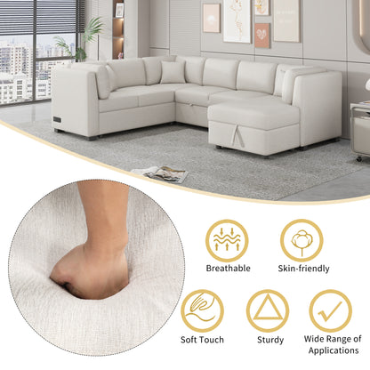 108.6" U-shaped Sectional Sofa Pull out Sofa Bed with Two USB Ports, Two Power Sockets, Three Back Pillows and a Storage Chaise for Living Room, Beige