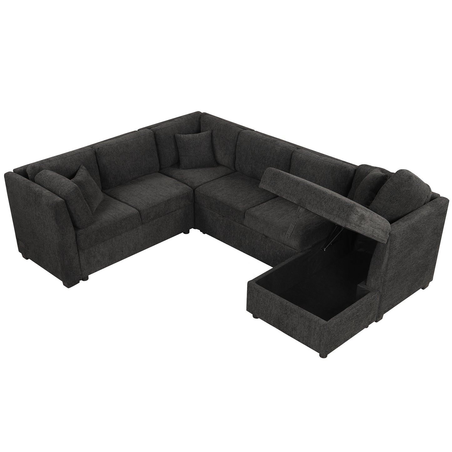 108.6" U-shaped Sectional Sofa Pull out Sofa Bed with Two USB Ports, Two Power Sockets, Three Back Pillows and a Storage Chaise for Living Room, Black