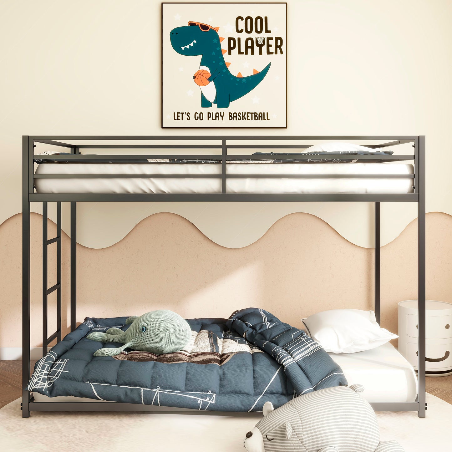 Adam Sturdy Twin over Twin Metal Bunk Black for Kids and Adult, Low Profile and Easy Climbing with Stable Ladder