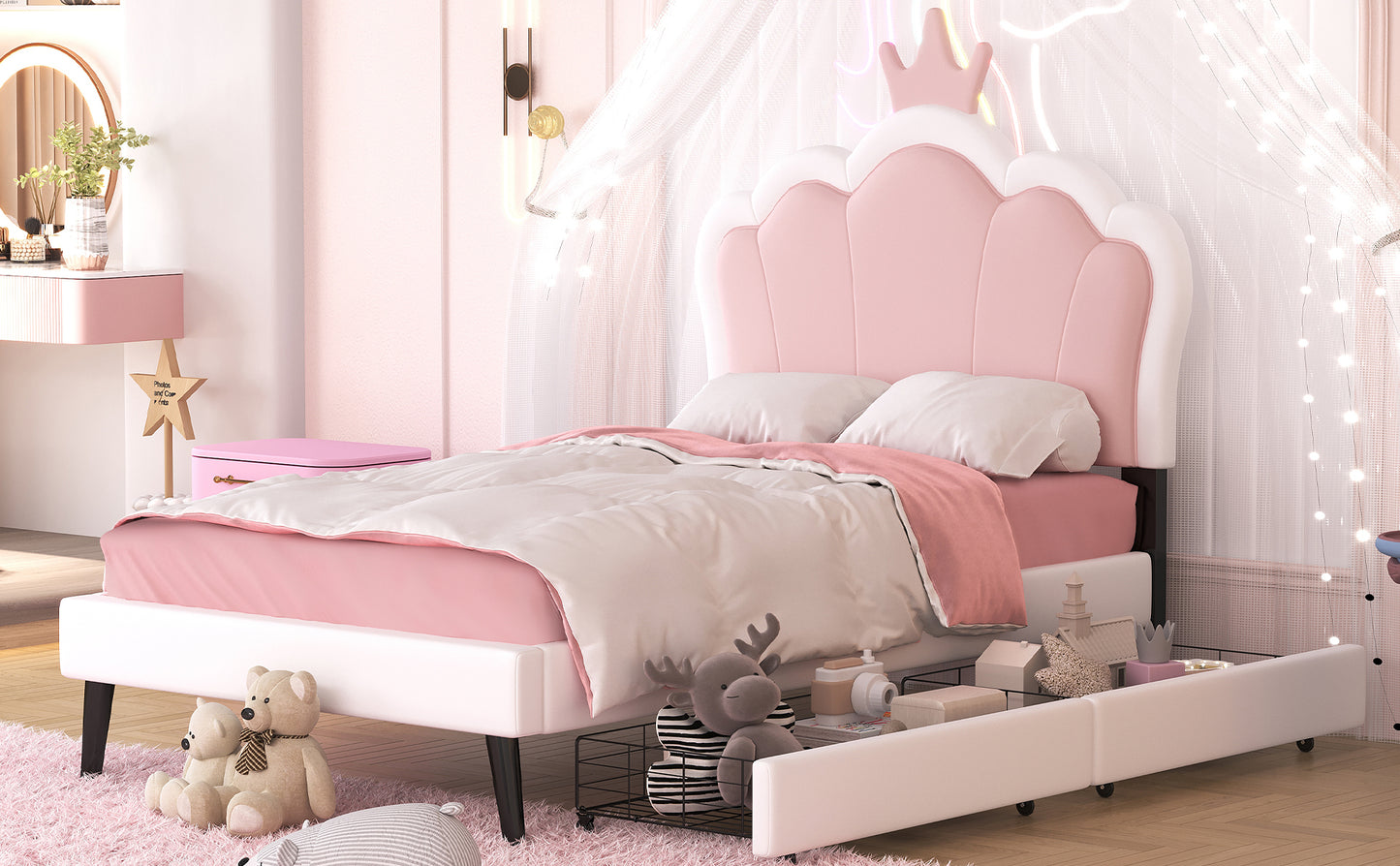 Twin Size Upholstered Princess Bed With Crown Headboard and 2 Drawers,Twin  Size Platform Bed with Headboard and Footboard, Pink+White