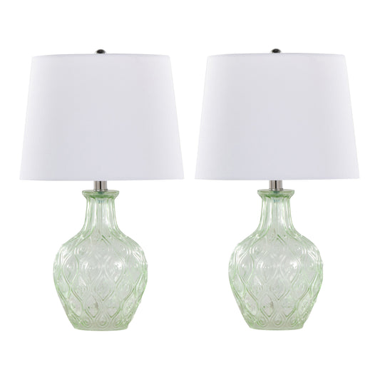 Gloria Round 20" Contemporary Glass Accent Lamp in Clear Recycled Spanish Glass, Chrome Metal and White Linen Shade from Grandview Gallery by LumiSource - Set of 2