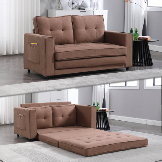 {VIDEO Provided}3-in-1 Upholstered Futon Sofa Convertible Floor Sofa bed,Foldable Tufted Loveseat with Pull Out Sleeper Couch Bed,Folding Mattres Love Seat Daybed W/Side Pockets for Living Room, Brown