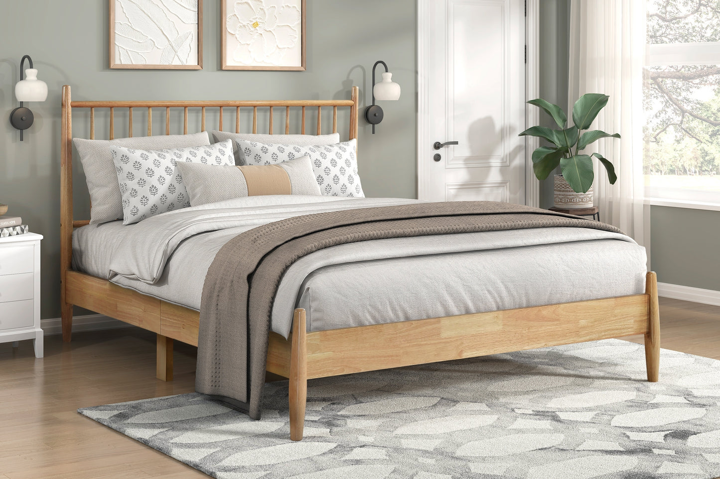Mid-Century Modern Design Queen Platform Bed 1pc Natural Finish Wooden Bedroom Furniture Vertical Slats Headboard, Bed in a Box