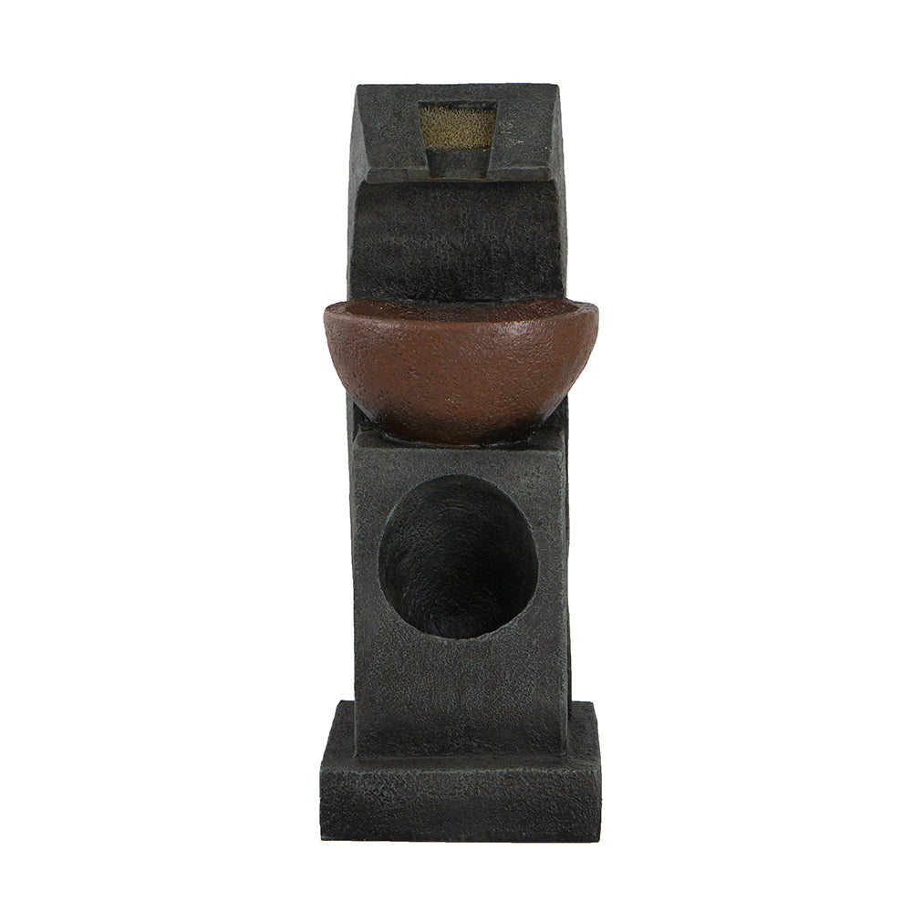 9.4x9.1x23.8' Black and Brown Sculptural Water Fountain with Bowl Basin, with Light and Pump, for Indoor and Outdoor