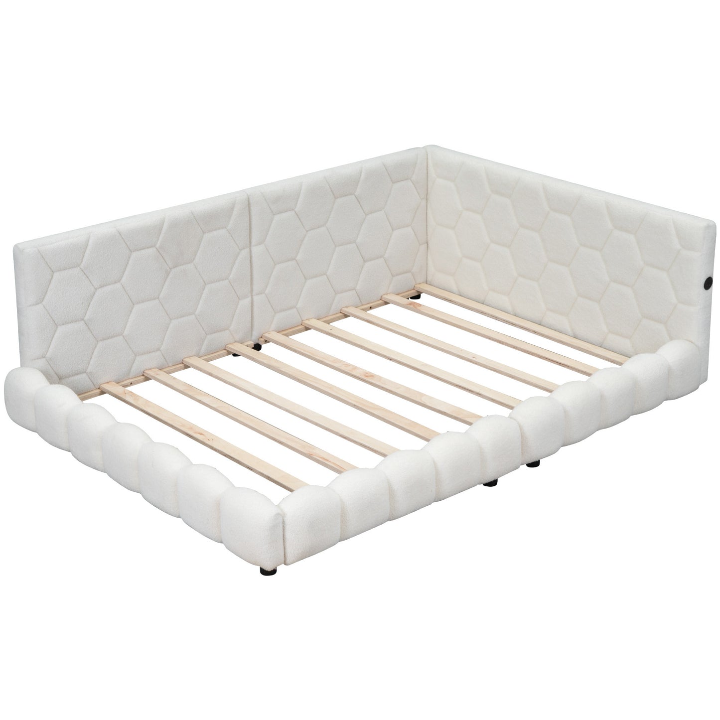 Upholstered Full Size platform bed with USB Ports and LED belt, White