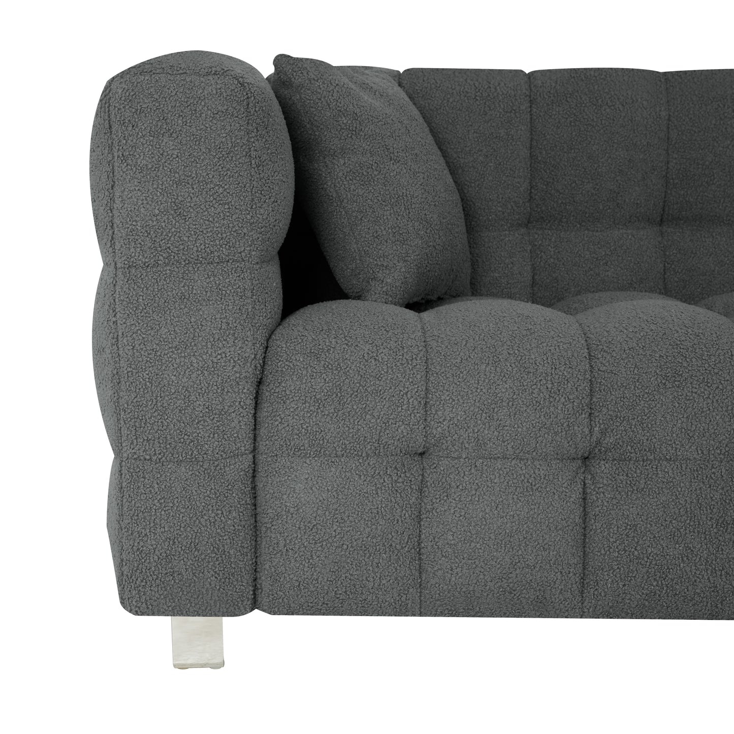 Grey teddy fleece sofa 80 inch discharge in living room bedroom with two throw pillows hardware foot support