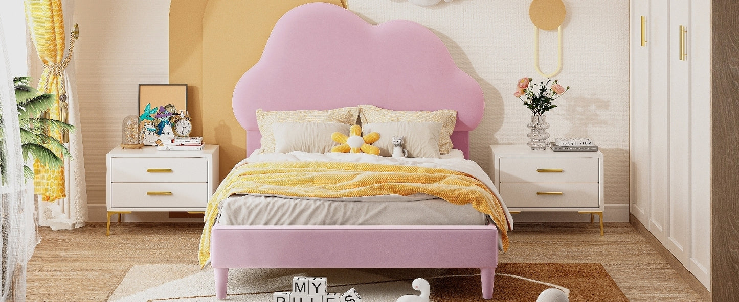 Twin Size Upholstered Cloud-Shape Bed ,Velvet Platform Bed with Headboard,No Box-spring Needed,Pink