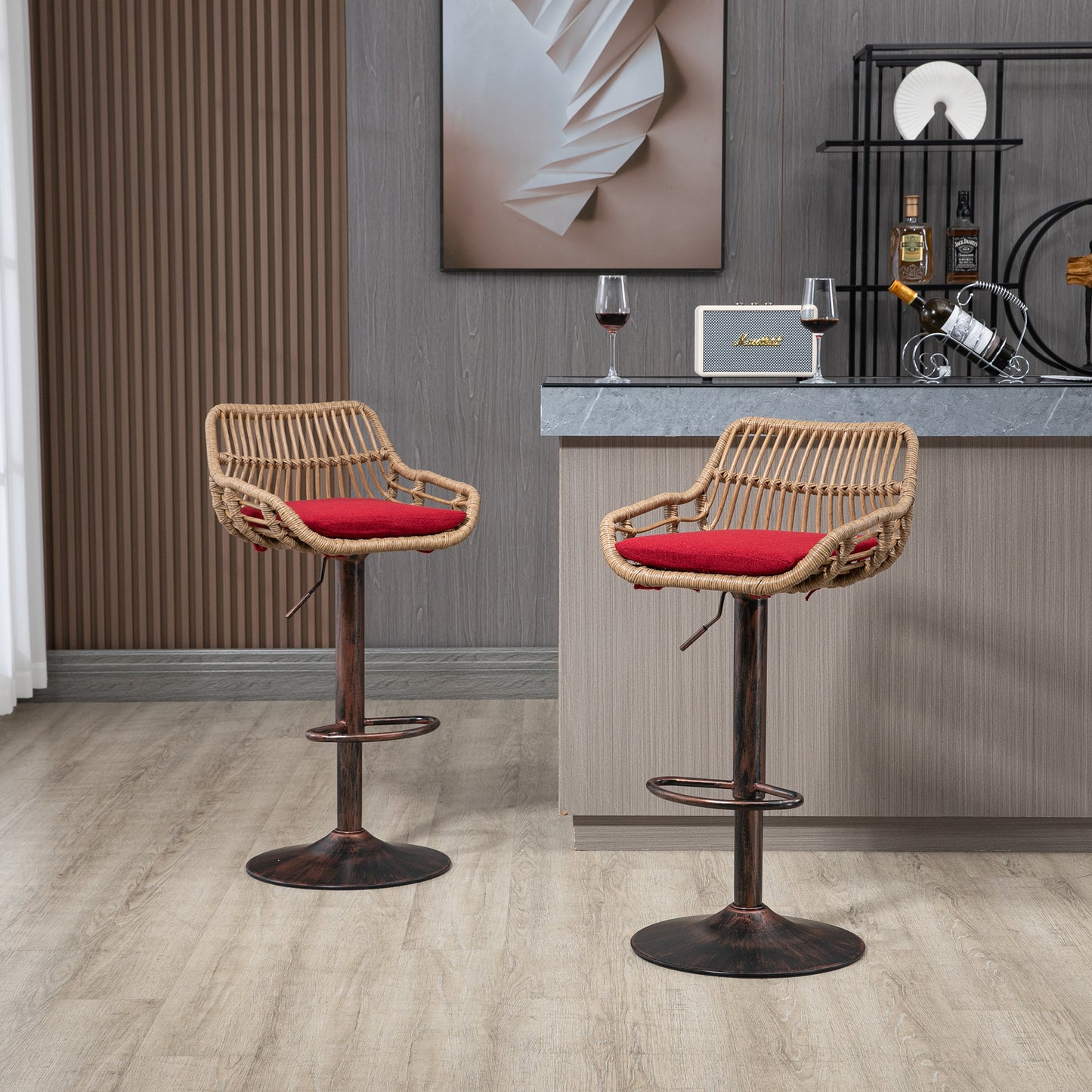 COOLMORE Modern Swivel Bar Stools Set of 2 Adjustable Counter Height Chairs with Footrest for Kitchen, Dining Room (Red)