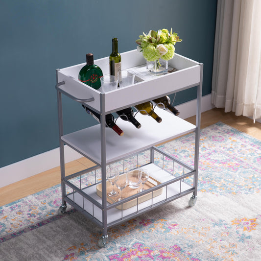 Rolling Kitchen Cart with Three Tier Storage and Four Wine Bottle Rack - White and Silver Metal