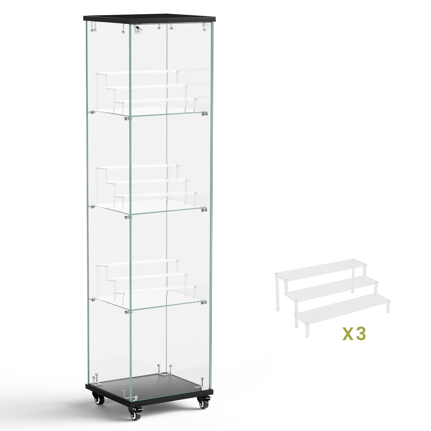 4 Tier Glass Display Cabinet, Single Door Glass Cabinet with Lock and Wheels, Floor Standing Storage Cabinet with 3 Acrylic Shelves for Living Room, Bedroom and Office, Black, 15.8"L x 14.2"W x 65.1"H