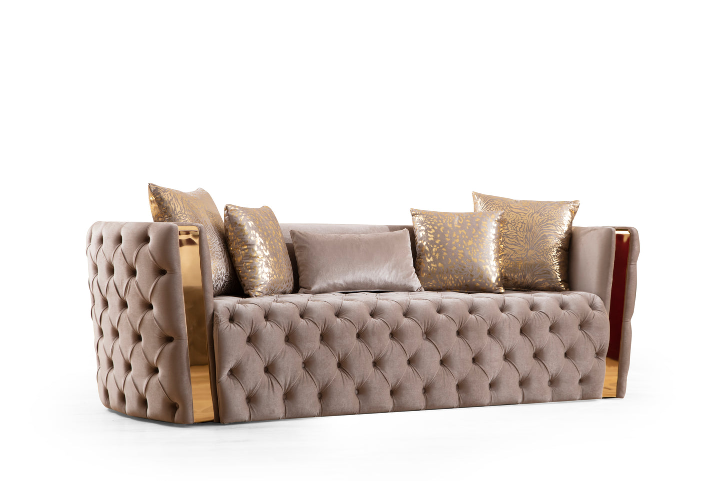Button Tufted Sofa with Velvet Fabric and Gold Accent in Taupe