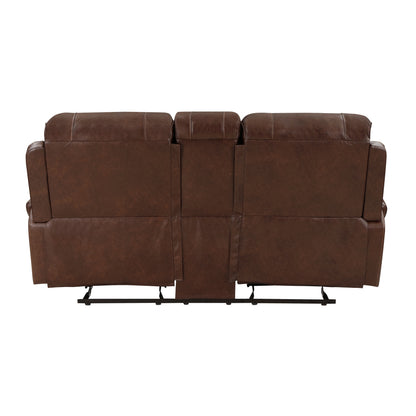 Double Glider Reclining Brown Love Seat with Center Console, Receptacles and USB Ports, Breathable Faux Leather Upholstered Traditional Nailhead Trim 1pc Modern Living Room Furniture