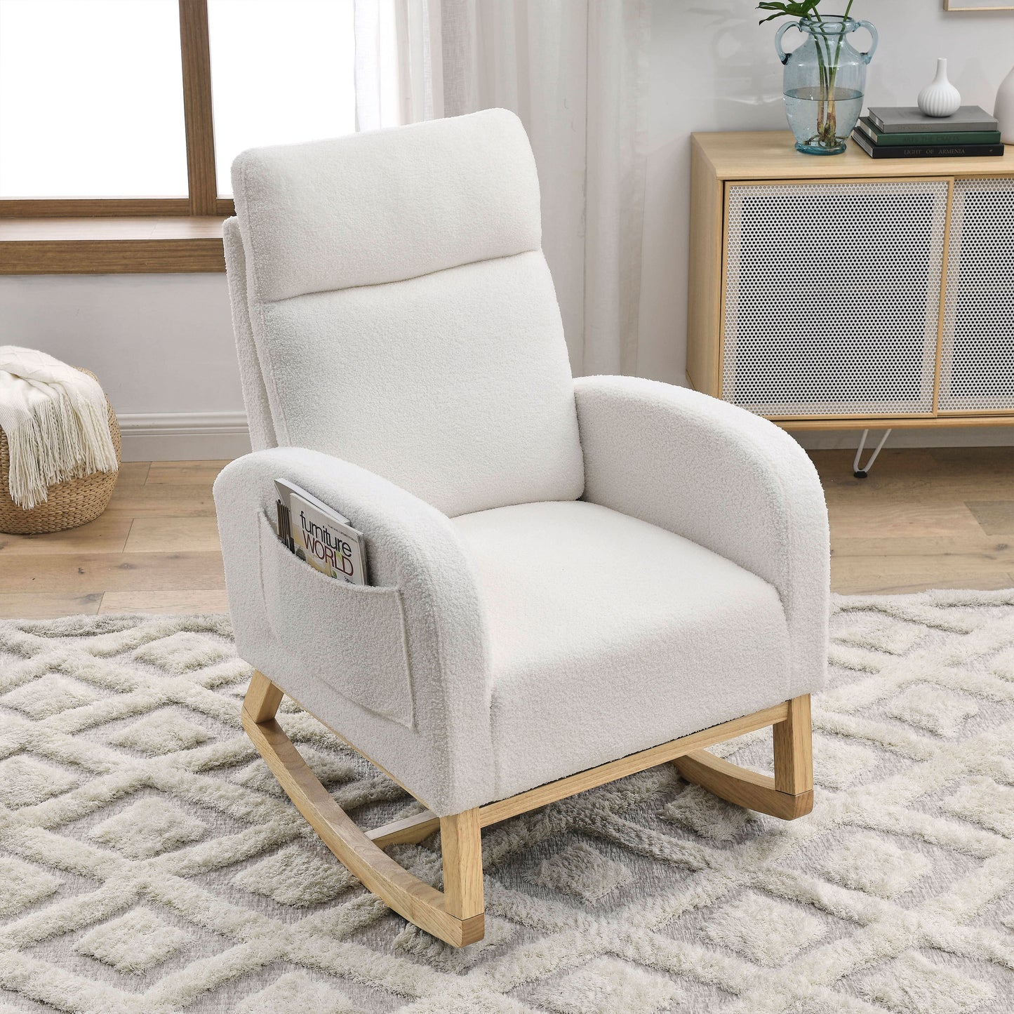Welike 27.6'W Modern Accent High Backrest Living Room Lounge Arm Rocking Chair, Two Side Pocket ,Teddy White (Ivory)