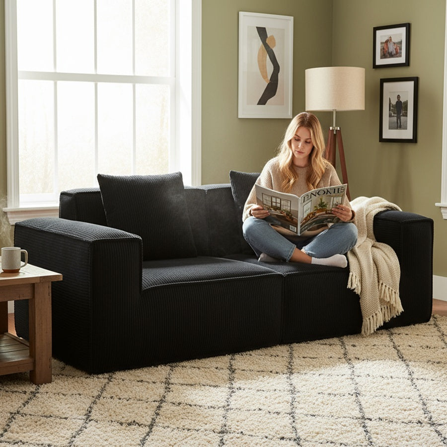 modular sofa can be converted into an oversized sofa bed Free conversion sofa set flexible configuration, soft corduroy cloud velvet fabric two person combination-black