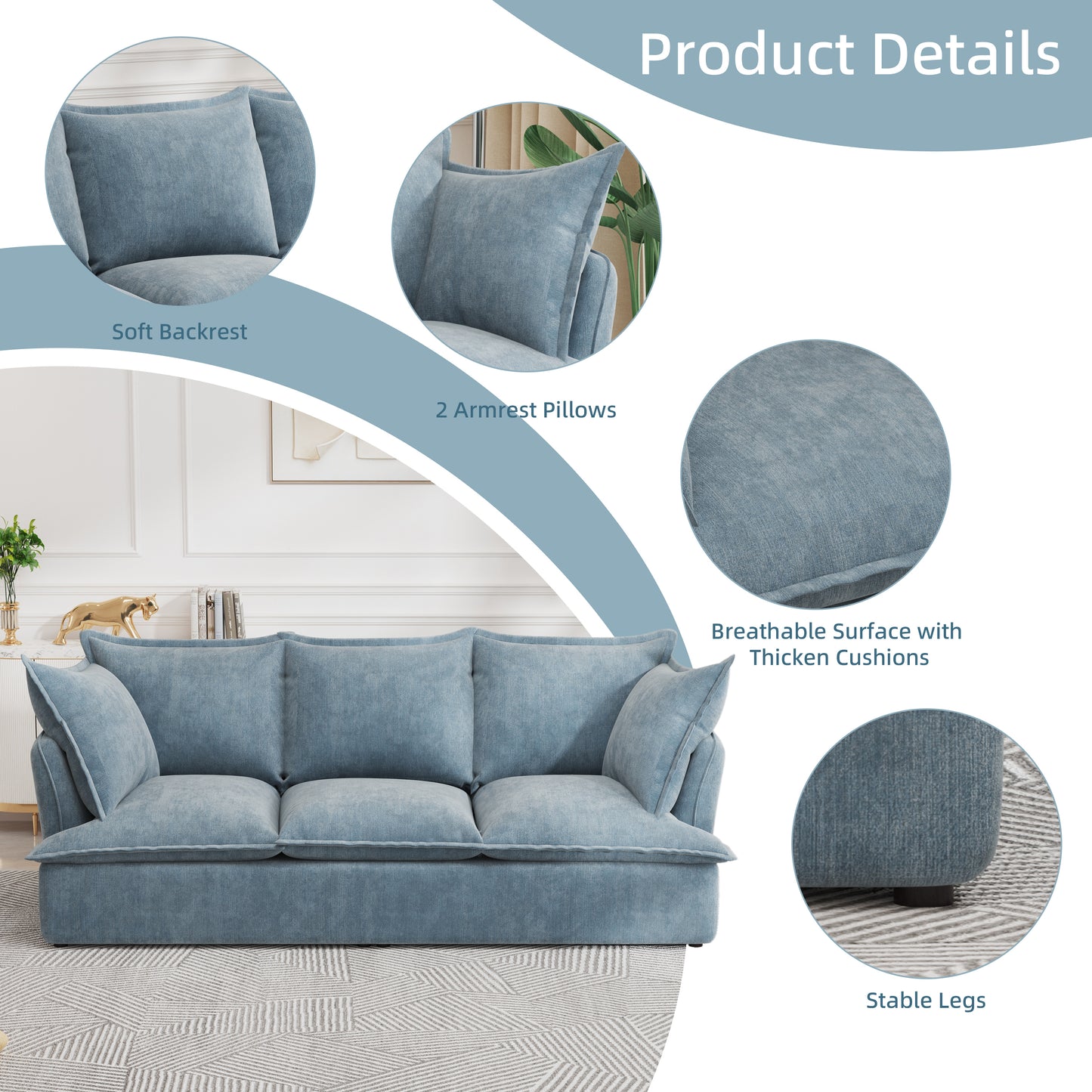 94 Inch 3-Seater Cloud Sofa, Modern Deep Seat Sofa with 2 Armrest Pillows for Living Room Office, Breathable Chenille Fabric, Blue