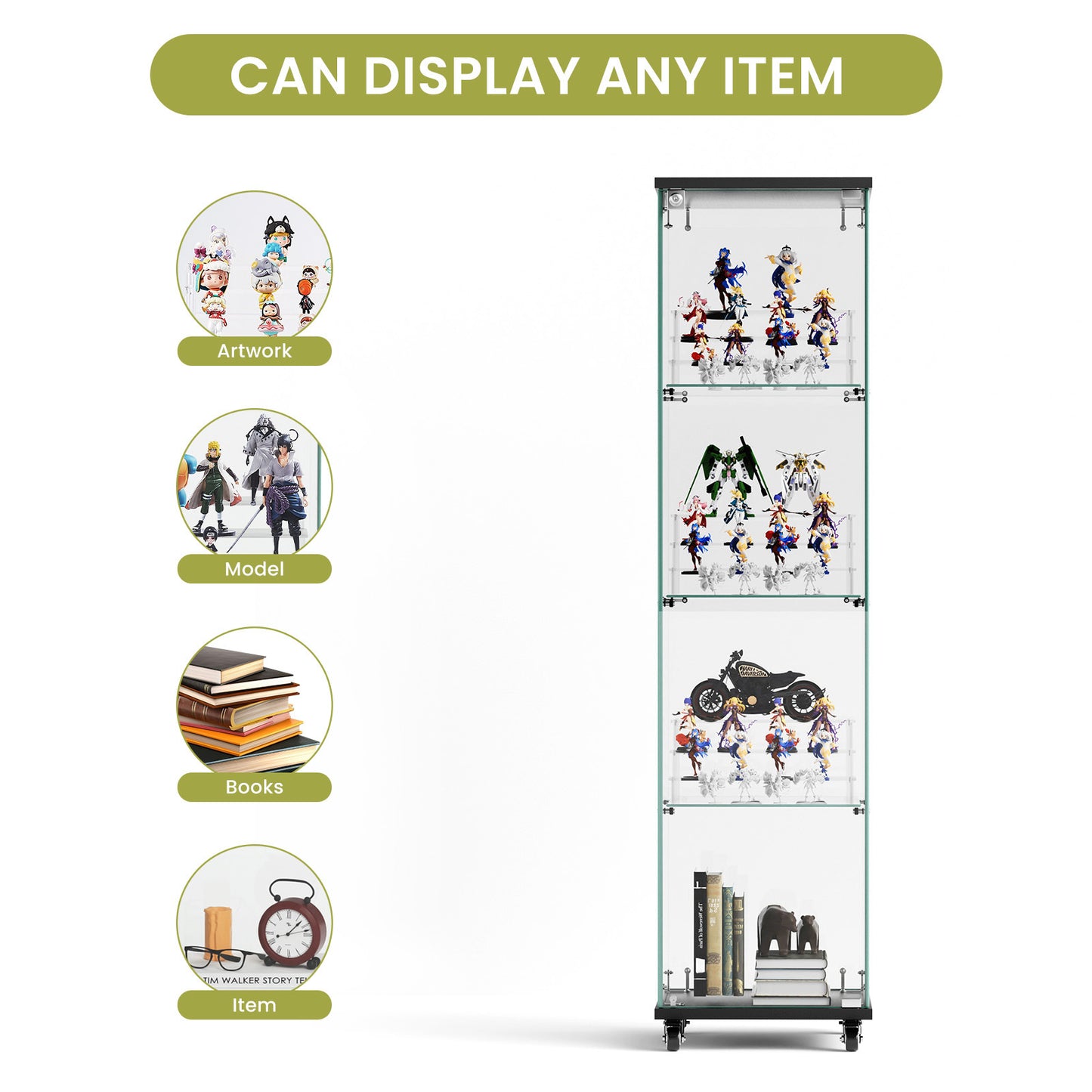 4 Tier Glass Display Cabinet, Single Door Glass Cabinet with Lock and Wheels, Floor Standing Storage Cabinet with 3 Acrylic Shelves for Living Room, Bedroom and Office, Black, 15.8"L x 14.2"W x 65.1"H