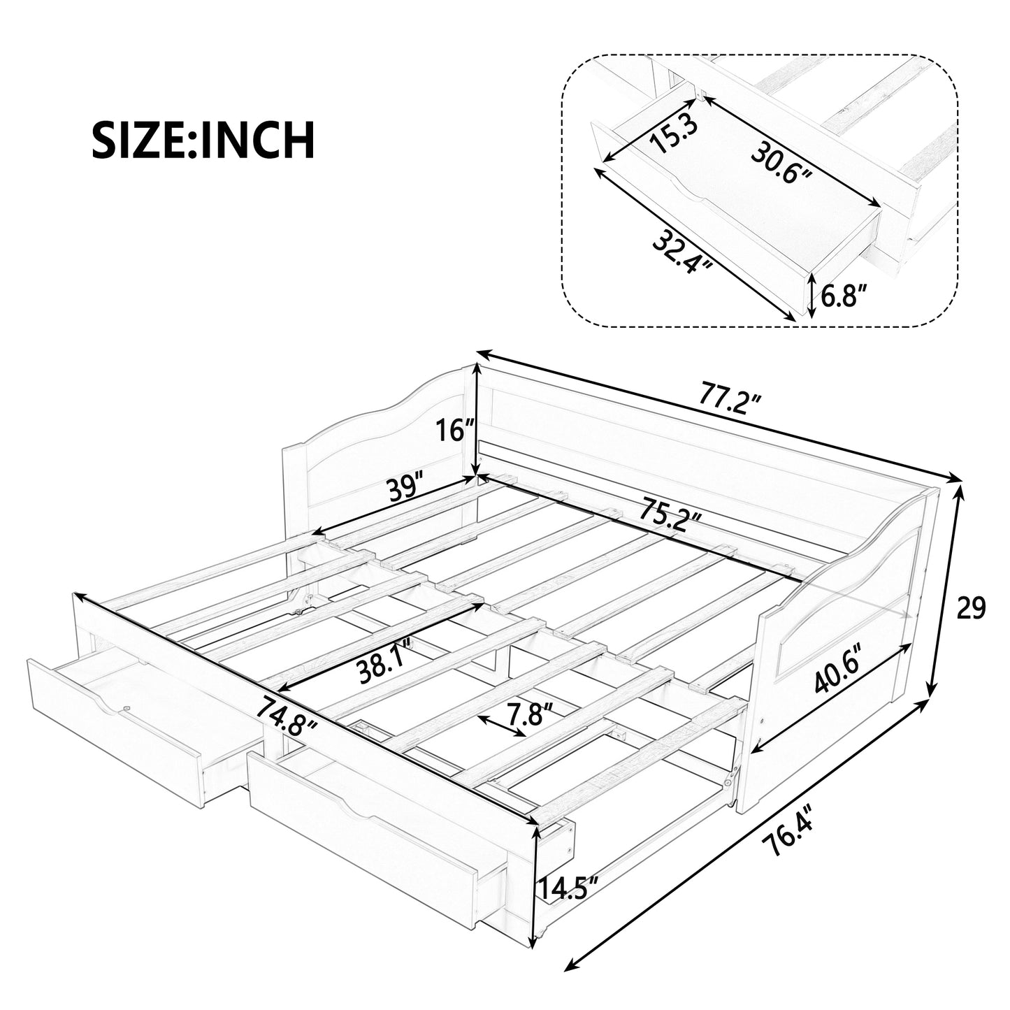 Wooden Daybed with Trundle Bed and Two Storage Drawers , Extendable Bed Daybed,Sofa Bed with Two Drawers, Gray