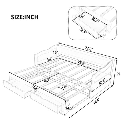 Wooden Daybed with Trundle Bed and Two Storage Drawers , Extendable Bed Daybed,Sofa Bed with Two Drawers, Gray