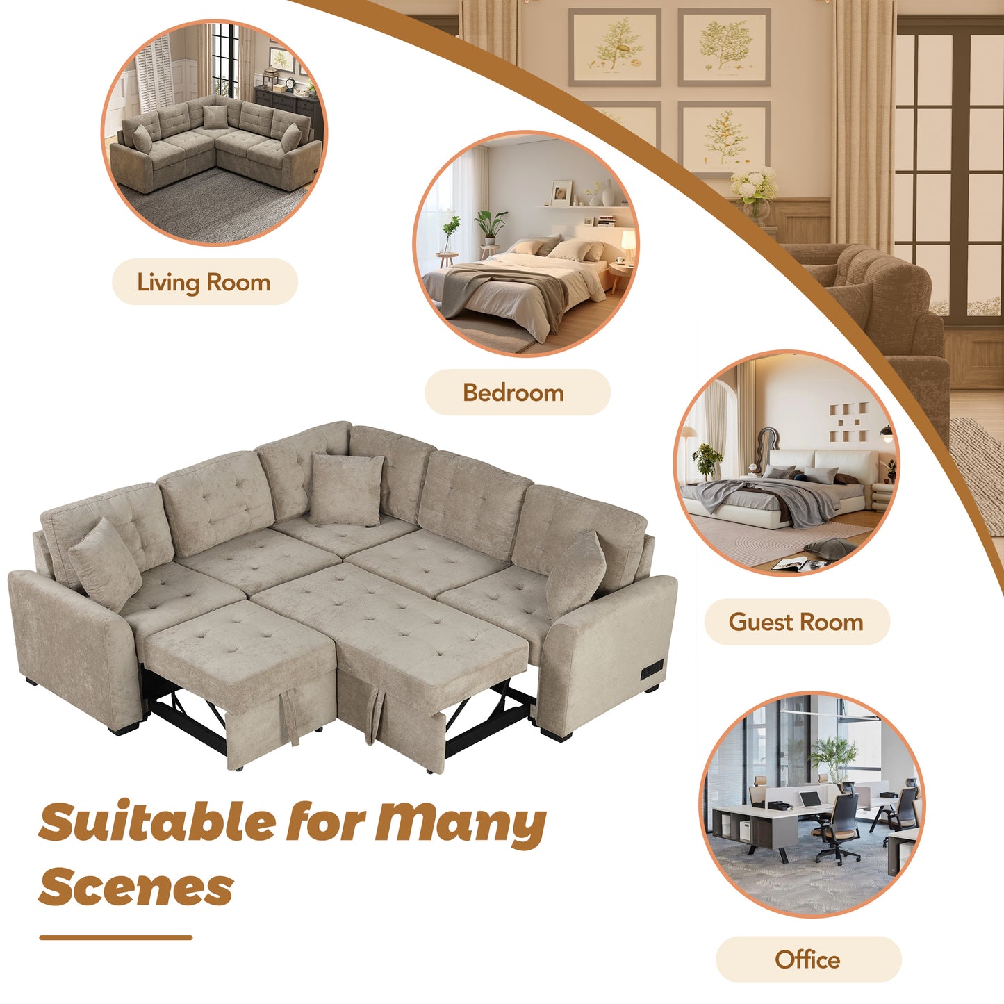 82.6" L-shape Sofa Bed Pull-out Sleeper Sofa with Wheels, USB Ports, Power Sockets for Living Room (SG001230AA), Khaki