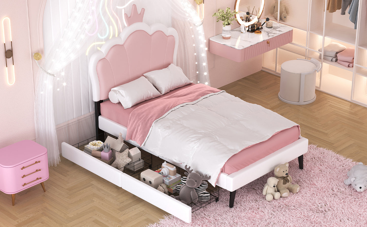 Twin Size Upholstered Princess Bed With Crown Headboard and 2 Drawers,Twin  Size Platform Bed with Headboard and Footboard, Pink+White