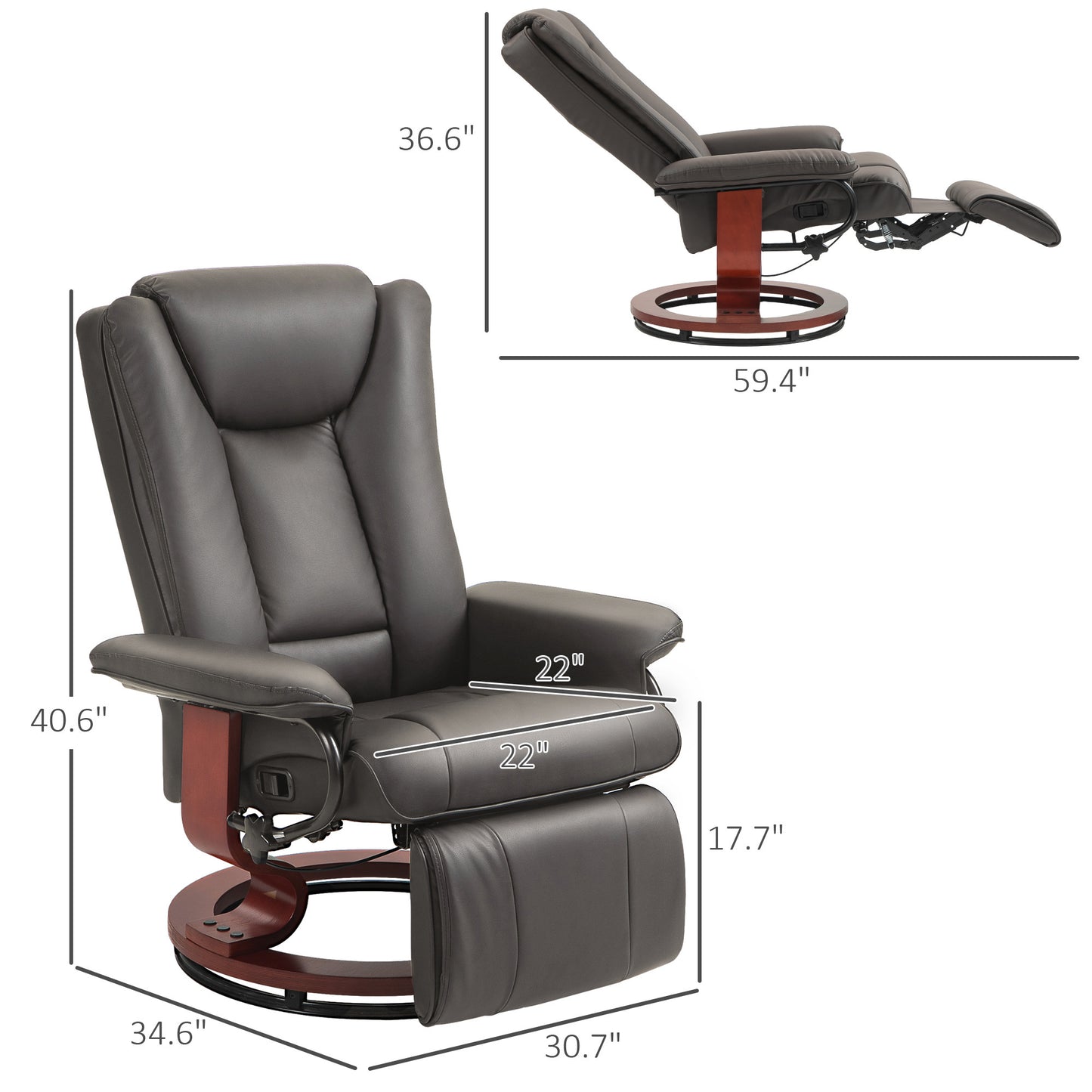 HOMCOM Manual Swivel Recliner Chair, PU Leather Reclining Chair with Footrest for Living Room, Brown