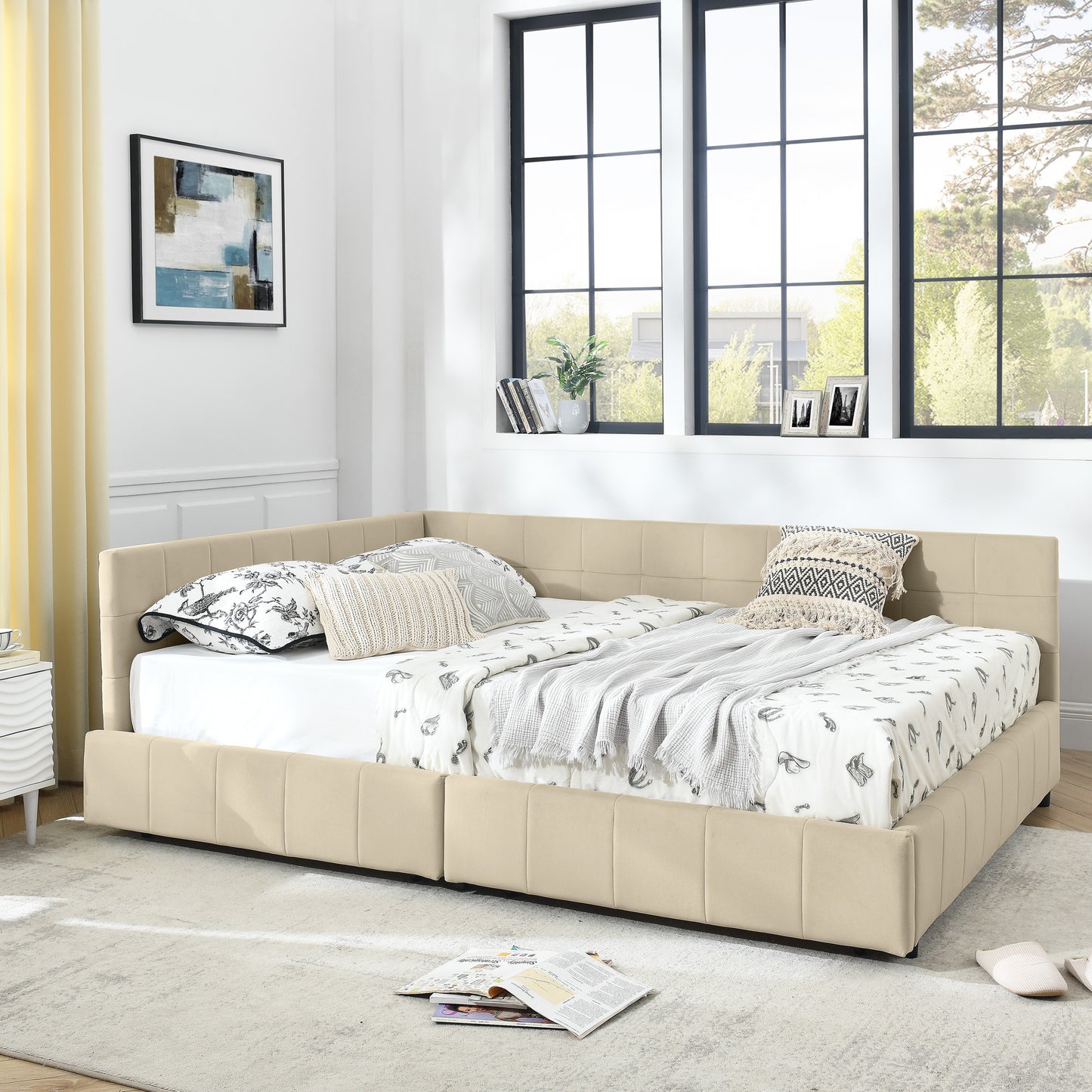 Queen Size Storage Upholstered Tufted Bed Frame, Sofa Bed Frame with Comfortable Backrest and Armrests, Queen Size Bed for Bedroom, Living Room,Velvet, BEIGE(85.5''*64.5''*29.5'')