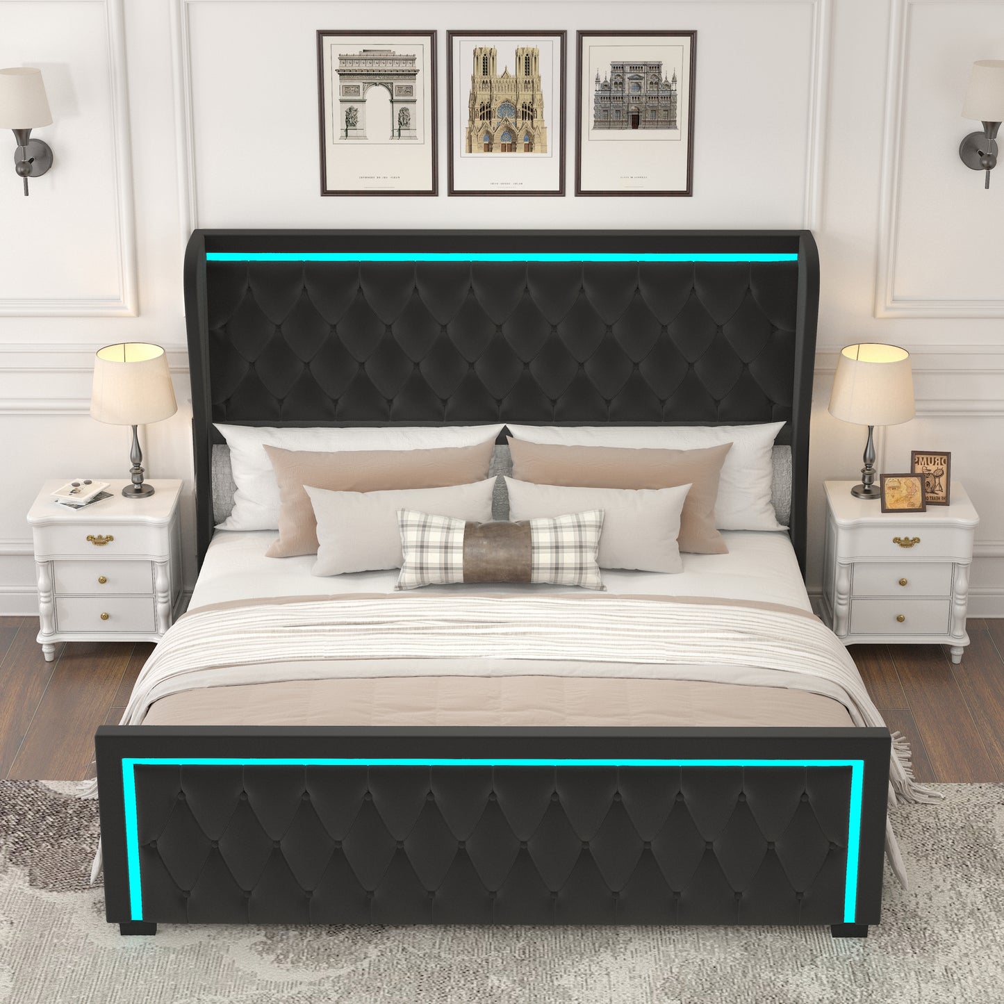 Queen Platform Bed Frame With High headboard, Velvet Upholstered Bed with Deep Tufted Buttons, Adjustable Colorful LED Light Decorative Headboard, Wide Wingbacks,BLACK