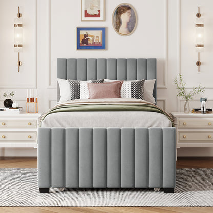 Twin Size Velvet Upholstered Platform Bed with Twin Size Trundle, Gray