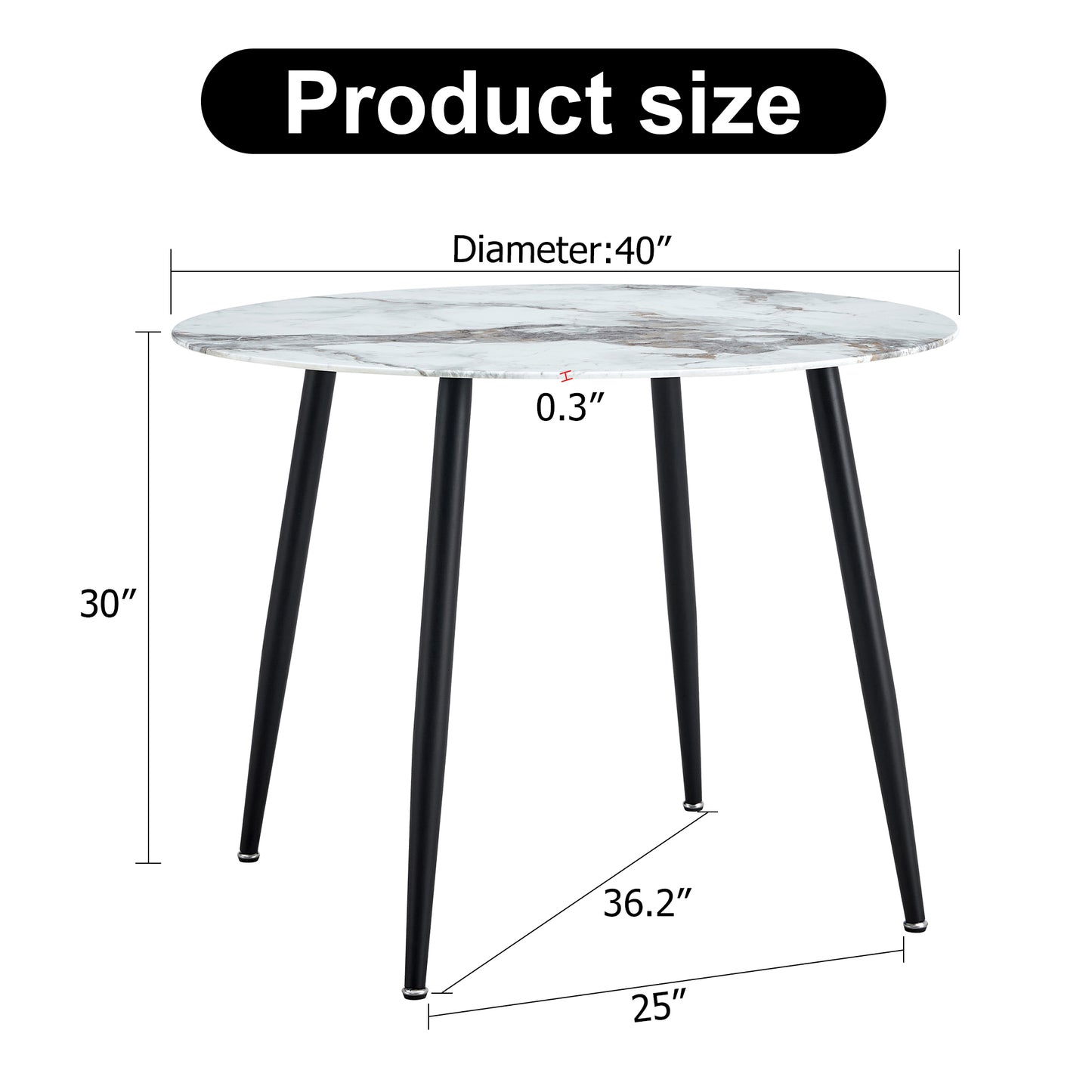 A modern minimalist circular dining table with a diameter of 40 inches, a 0.3 inch thick imitation marble pattern tabletop and black metal legs  40 '* 40' * 30 'DT-1164