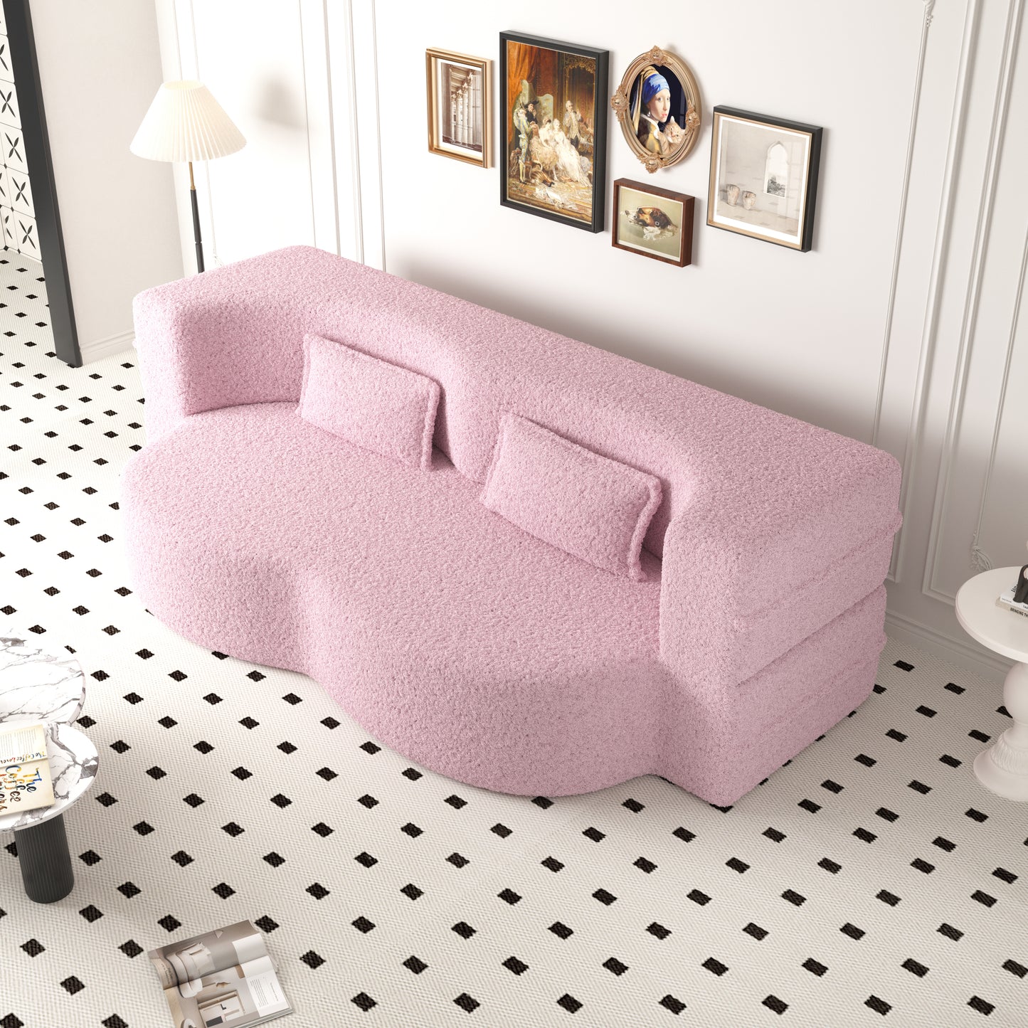 Modern Floor Sofa with 2 Pillows,Convertible Teddy Fabric Foam-Filled Sleeper Sofa Bed,15" Full Size Folding Mattress for Living Room,Guest Bed,Playroom,no assembly required,Pink(Old Sku:W1885P190391