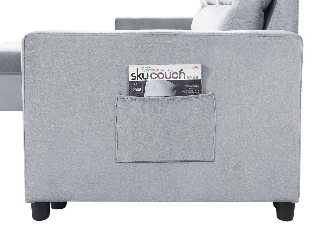 Ivy 81.5" Light Gray Velvet Reversible Sleeper Sectional Sofa with Storage Chaise and Side Pocket