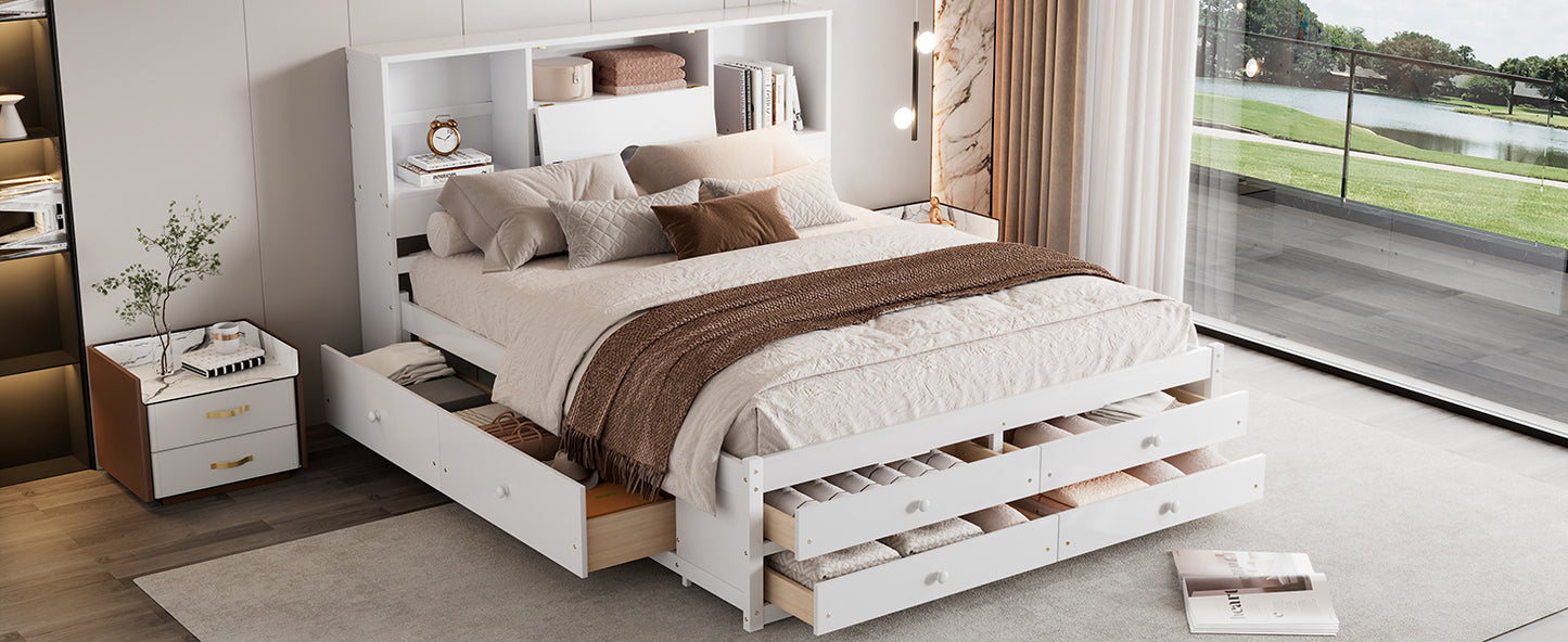 Queen Size Platform Bed with Storage Headboard and 8 Drawers, White