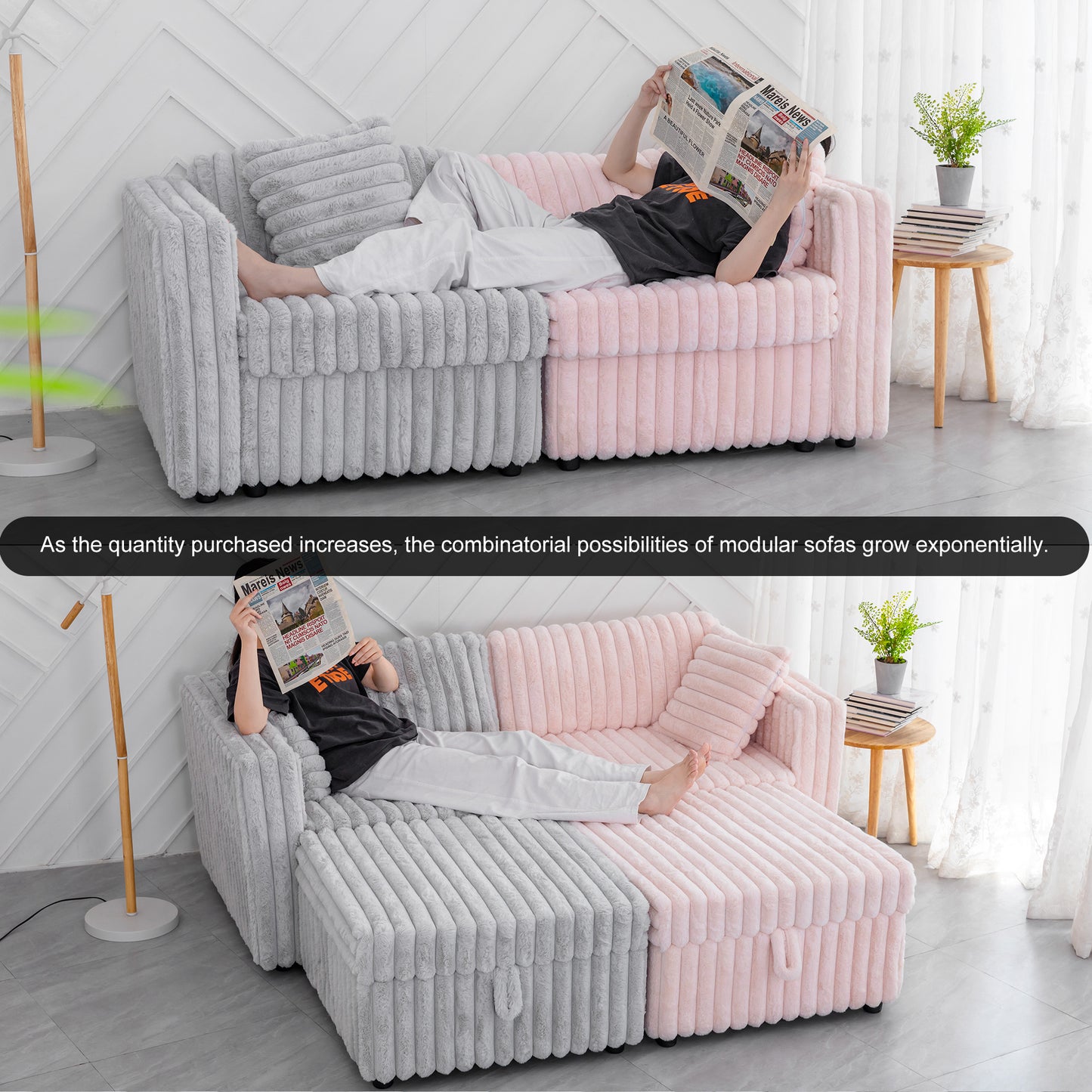 106.3" Soft  U-shaped 6-Person Sofa. Matches 30.7" Ottoman with Hydraulic Lift. Comfortable & Stylish. For Bedroom & Living Room. Light Gray. Modern Furniture. Modular Design.